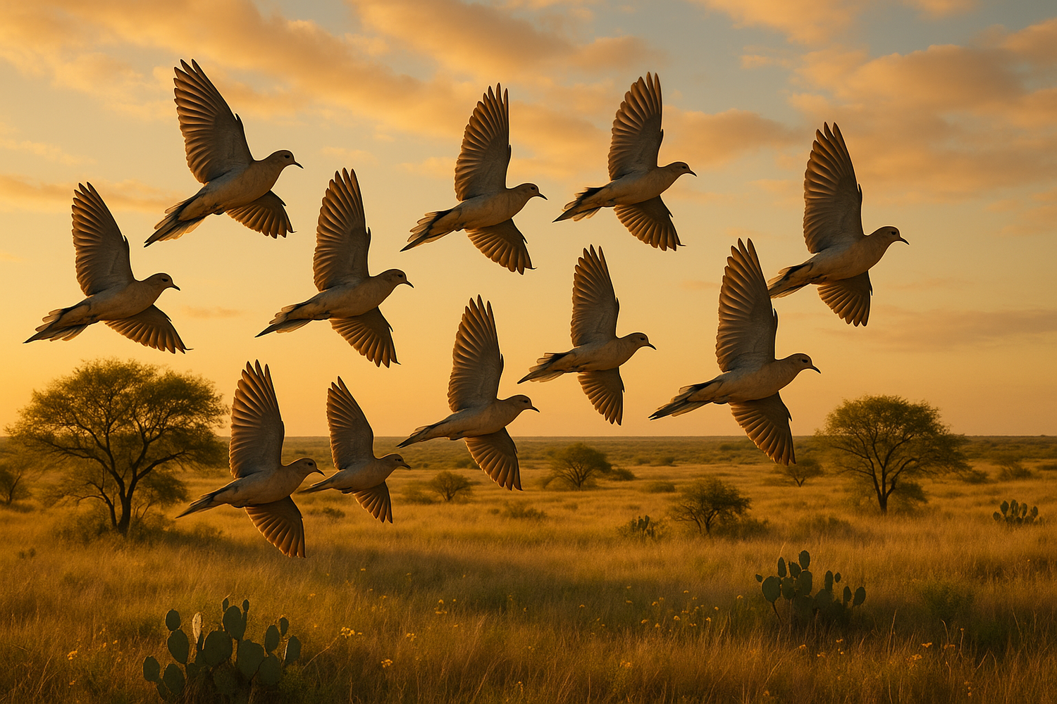 Doves Flying in a field in south texas